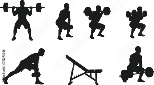 Silhouette men weightlifting with barbells dumbbells, gym workout training exercises, bodybuilding fitness vector illustration, strength workout design, sport activity collection