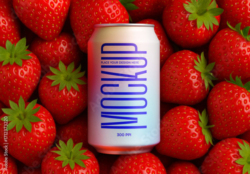 Realistic Aluminum Can Mockup on Strawberry Background – High Quality Editable Soda Packaging Template for Branding and Design Presentations