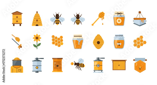 Collection of Honey Bee Related Icons and Illustrations.