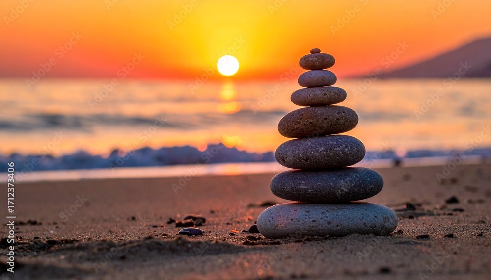 Fototapeta premium Stacked stones on beach at sunset, symbolizing harmony and balance.