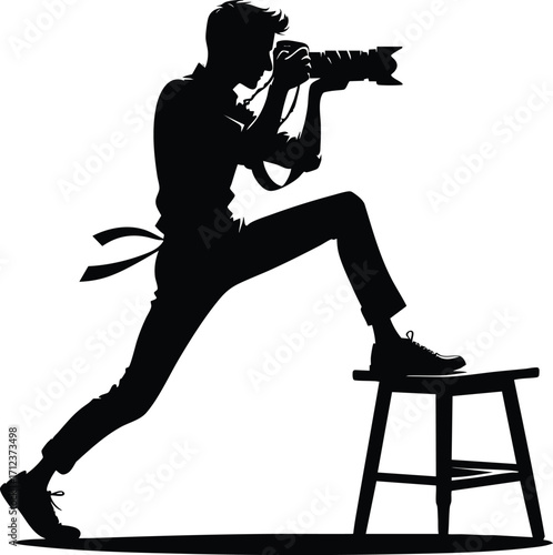 Black silhouette of a funny young photographer with a camera vector illustration isolated on a white background
