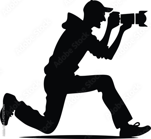 Black silhouette of a funny young photographer with a camera vector illustration isolated on a white background
