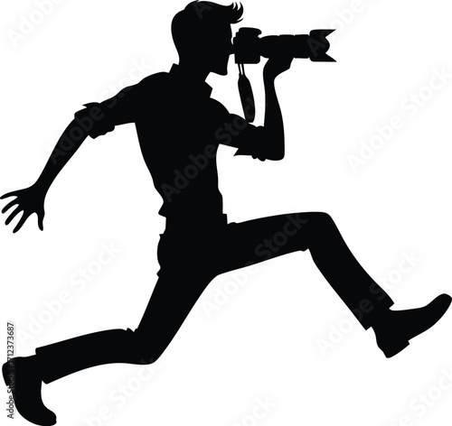 Black silhouette of a funny young photographer with a camera vector illustration isolated on a white background