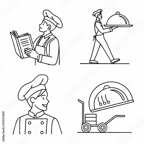 Catering line icons set. Simple symbols with restaurant menu, waiter, dish, cutlery and delivery service. Editable stroke. Outline vector illustration .