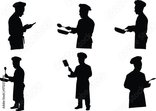 Silhouette of professional chefs cooking, holding pan, spoon, spatula, kitchen utensils, isolated on white background, culinary concept, restaurant, food preparation