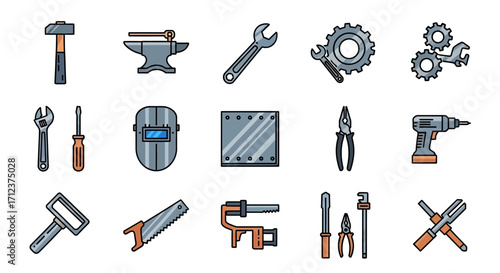 Collection of metalworking tools and equipment icons.