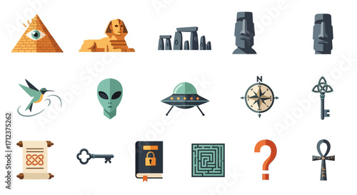 Collection of Mysterious and Enigmatic Icons Representing Ancient Civilizations and Unexplained Phenomena.