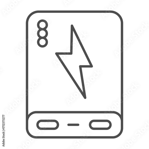 Power bank with usb, lightning and lights thin line icon, electronic device concept, charger battery sign on white background, outline style icon for mobile and web design. Vector graphics.