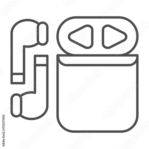 Wireless smart headphones with case for recharging them thin line icon, portable device concept, earbuds sign on white background, outline style icon for mobile and web design. Vector graphics.