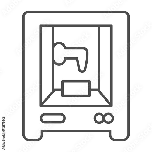 3D printer machine thin line icon, smart manufacturing concept, device print volumetric plastic objects sign on white background, outline style icon for mobile and web design. Vector graphics.