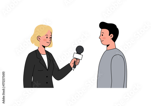 A blonde reporter interviews a man holding a microphone