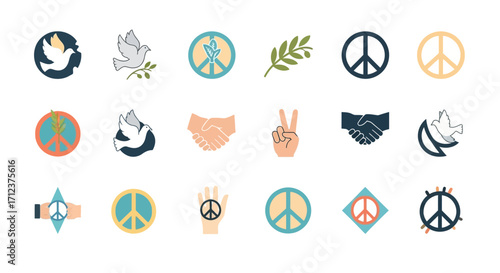 Collection of peace symbols and related icons for world harmony.