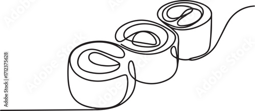 Continuous one line drawing of sushi rolls in minimalist modern style representing japanese food and restaurant menu concept illustration