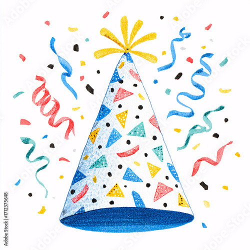 Wallpaper Mural A fun, cartoon-style party hat with colorful streamers and sparkles, perfect for a joyful New Year’s celebration. Playful and adorable for festive occasions. Torontodigital.ca