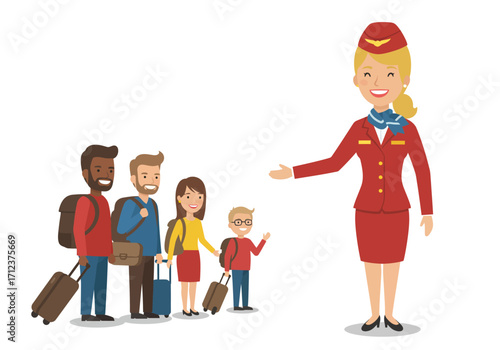 A flight attendant welcomes a diverse family with luggage