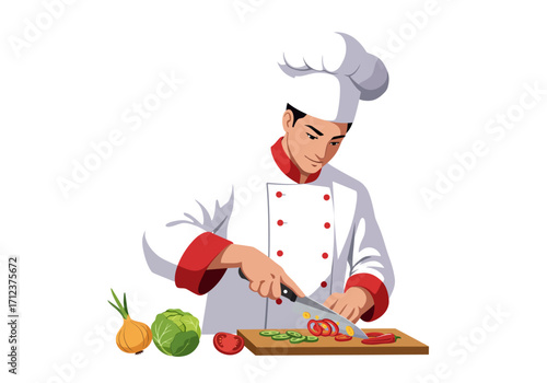 A chef in a white uniform with red trim cuts vegetables on a wooden board