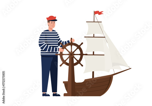 A sailor in a striped shirt steers a ship with a red flag