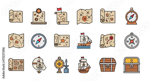 Collection of Pirate Themed Icons Featuring Maps Compasses Ships and Treasure Chests.