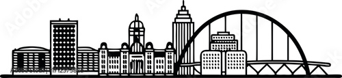 High resolution black and white city skyline silhouette with architectural detail
