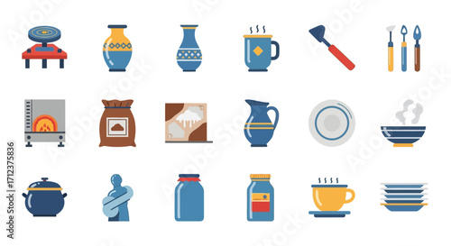 Collection of pottery tools and ceramic items for artistic creation and design.