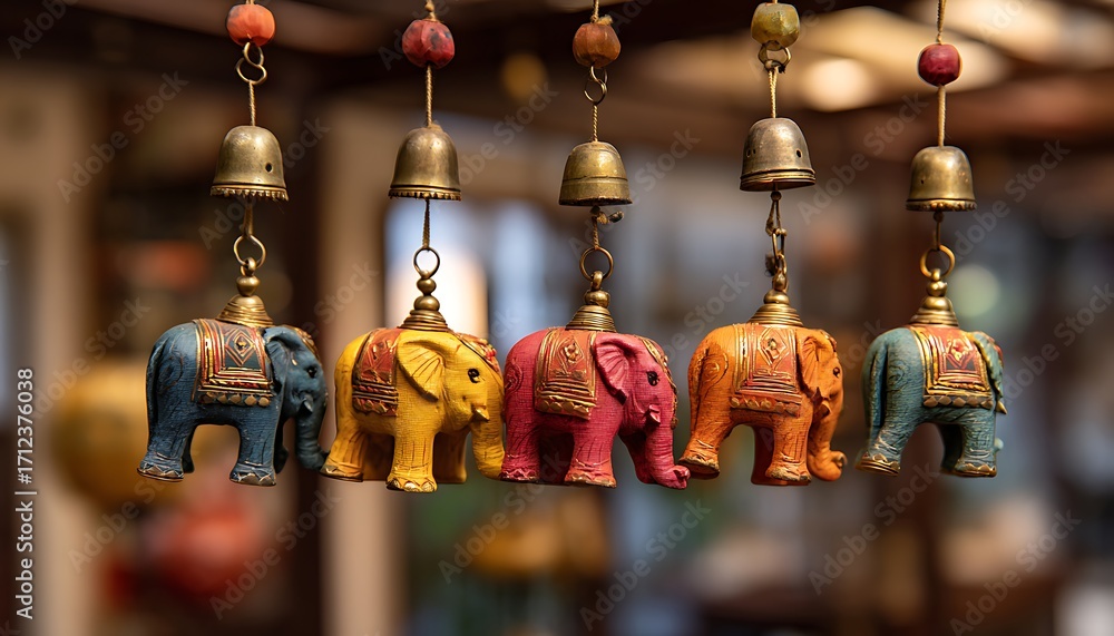 Obraz premium Colorful Indian wind chime with elephants and bells hanging from an umbrella,