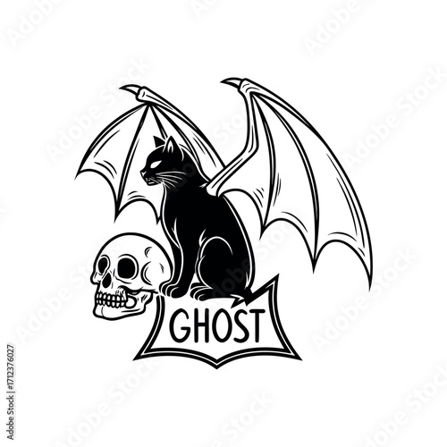 Spooky black cat with bat wings and skull "ghost" emblem halloween occasion artistic drawing motif vector