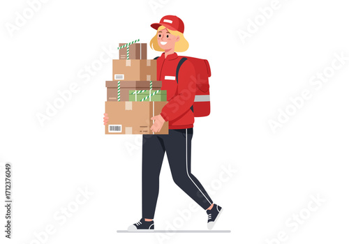Delivery person carrying stack of boxes