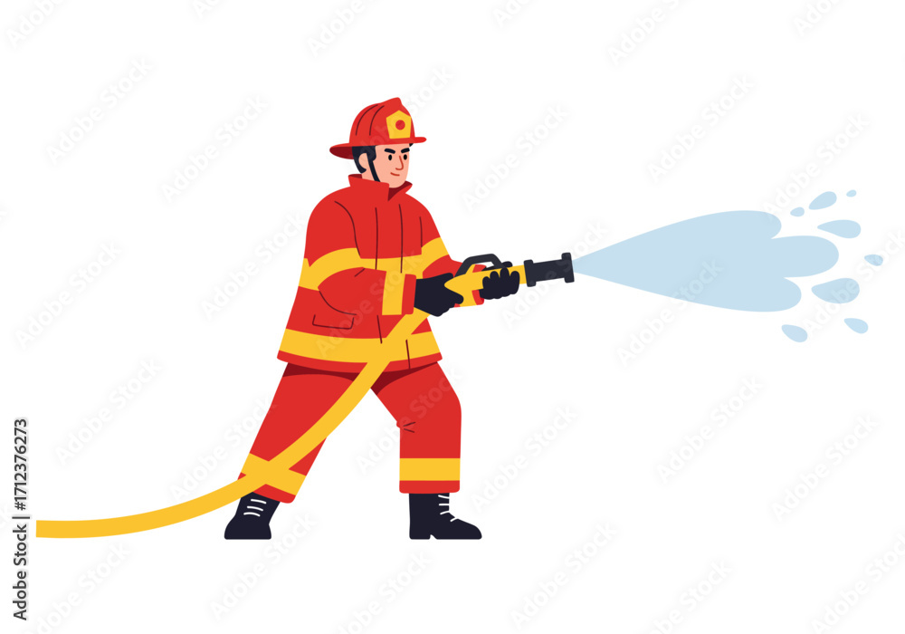 Fototapeta premium Firefighter in red gear sprays water from a hose