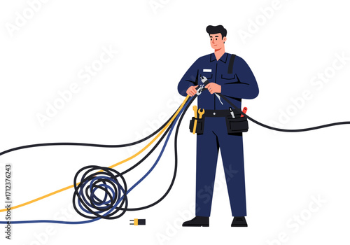 Electrician with tools and wires on white background