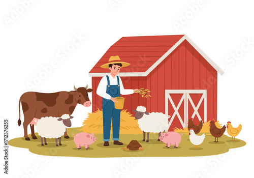 Farmer feeding animals at a red barn with hay