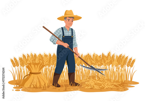 Farmer with scythe in a wheat field