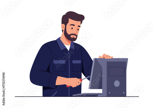 Man fixing computer with screwdriver