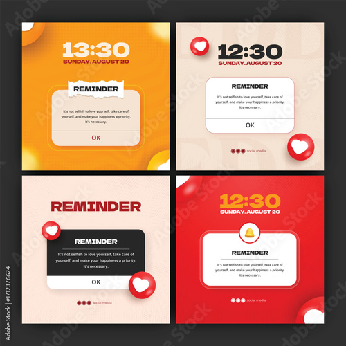 Reminder notifications templates set for social media. 3D-style notification. Variables: colorful design and reminder note layouts with a motivation letter, a place for text
