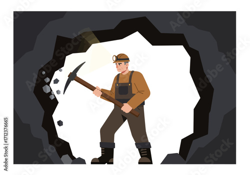 Miner in a dark cave with a pickaxe and headlamp