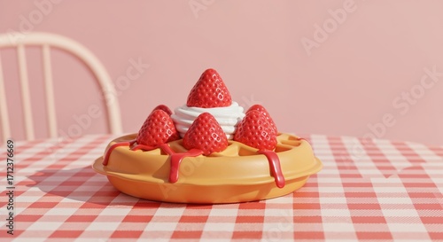 Wallpaper Mural Strawberry waffle 3D art toy dessert on checkered tablecloth, sunny cafe, pastel dreamy background Torontodigital.ca