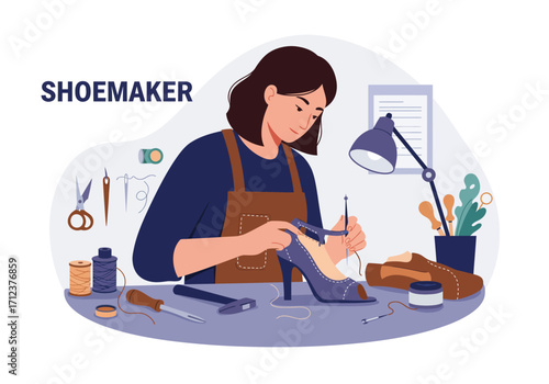 Shoemaker working on a blue highheeled shoe with tools