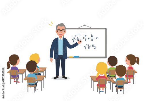Teacher pointing at math equations on a whiteboard in a classroom with students