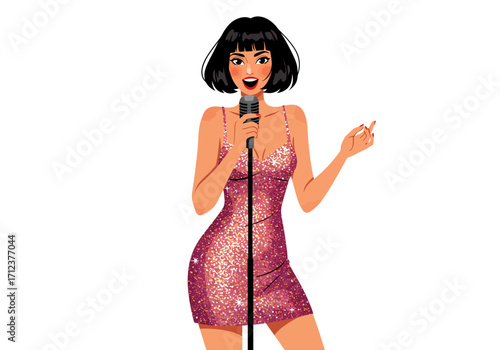 Woman in sequined dress singing into microphone