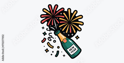 Celebration time champagne bottle with fireworks cartoon illustration vector