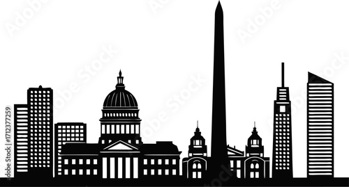 High resolution black and white city skyline silhouette with detailed buildings and architectural elements