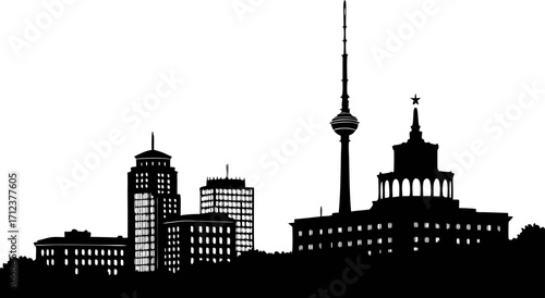 High resolution black and white city skyline silhouette illustration for graphic design projects