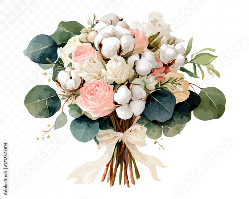 Watercolor floral bouquet with soft pink roses, white roses, cotton flowers and eucalyptus greenery tied with elegant ribbon bow, romantic botanical design. Vector illustration.
