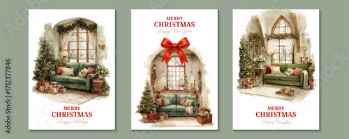 Watercolor Christmas card set with cozy holiday interiors, green sofa, decorated tree, gifts, red bow and festive garlands, elegant warm seasonal home design. Vector illustration.