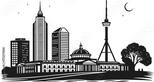 High resolution black and white city skyline silhouette art for graphic design projects