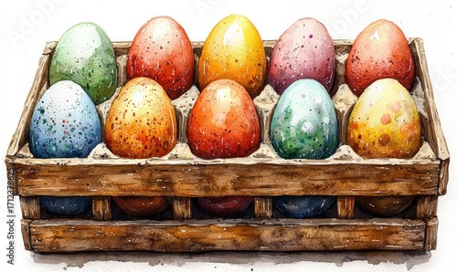 Colorful speckled eggs in a wooden crate.  Watercolor style