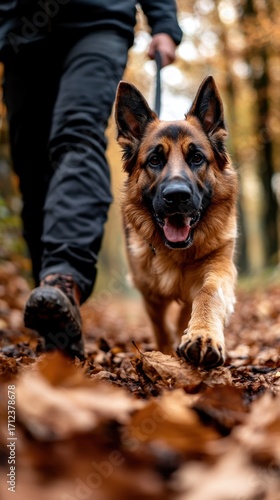 German shepherd dog walking with owner on leaf-covered path through autumn forest. National Walk Your Dog Week