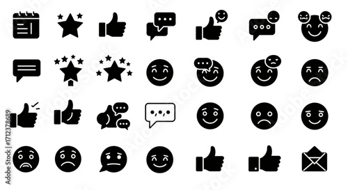 Set of black isolated emoticon, evaluation and communication icons vector illustration