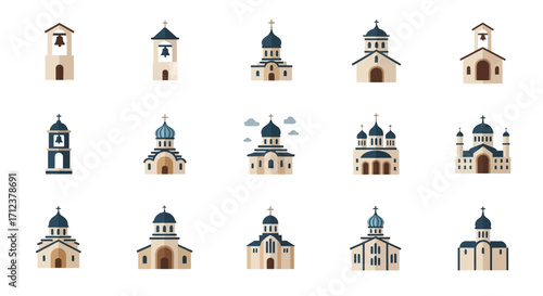 Collection of various church buildings with different architectural styles and designs.