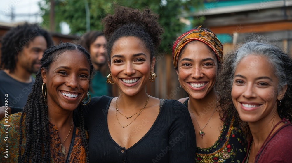 Fototapeta premium Group of smiling women posing together outdoors during daytime.