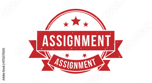 Red and white graphic featuring the word "ASSIGNMENT" in a bold, stylized banner with stars and a circular border.